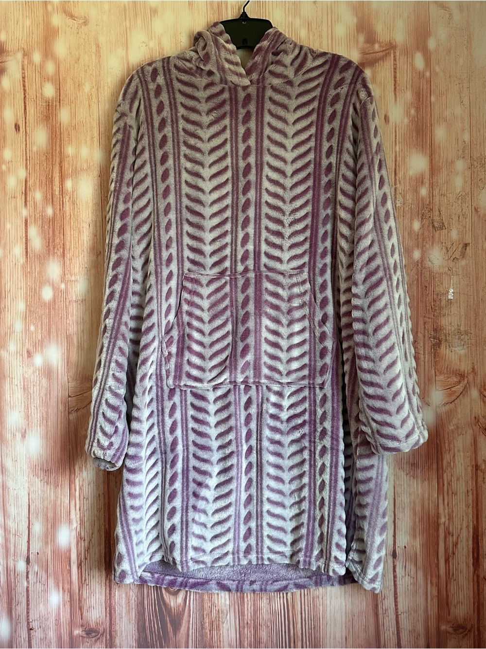 Berkley Jensen White Hooded Purple Boho Print Fleece Pullover Hoodie Robe Sz M